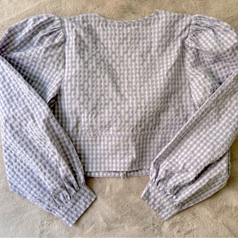 NWT Anthropologie Maeve Cropped Gingham Blouse Lilac Lavender Size 8 - Picture 7 of 9